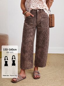 SHEIN PETITE 女款動物印花口袋設計寬鬆休閒牛仔褲 - 摩卡棕 - 查看 13