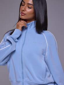 Musera Sport High Neck Zip Through Contrast Piping Pocket Front Soft Brushed Cropped Sweat Track Jacket Autumn Winter Fall Active Gym Workout Ski Blacksnow - Sky Blue - View 5