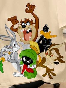 LOONEY TUNES X SHEIN Daypath 男士夏季卡通字母圖案短袖T恤 - 卡其色 - 查看 3