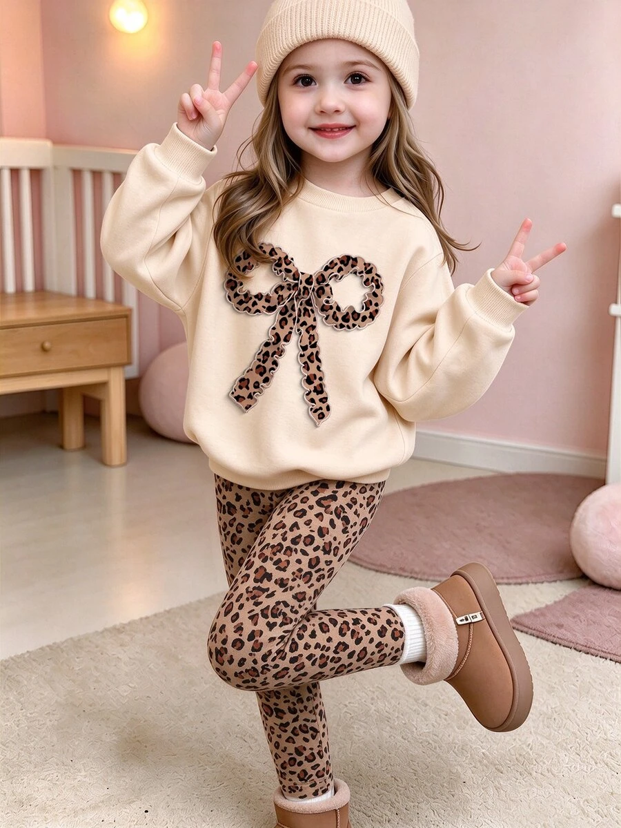 Girls' Leopard Print Bow Sweatshirt + Leopard Print Leggings Set, Long Sleeve Crew Neck Sweatshirt And Leggings Casual 2 Pieces Set - Multicolor - View 1
