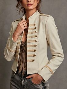 Trelyra Women's Vintage Court Napoleon Military Style Stand Collar Short Jacket, Knitted Rope Gold Buttons, Waist-Cinching Slimming Casual Versatile Jacket Top - Khaki - View 4