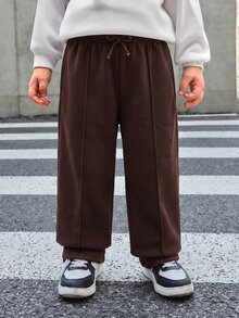 SHEIN Bubblio 兒童小男孩純色抽繩腰寬腿休閒運動長褲 - 咖啡棕 - 查看 7