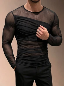 ZURIURI Men's Sexy See-Through Fishnet Mesh Dark Fashion Long Sleeve T-Shirt - Black - View 3