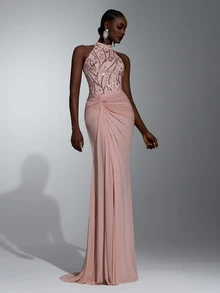 Elitara Elegant Dark Pink Sequin Patchwork Knit Stand Collar Backless Ruched Mermaid Skirt, Suitable For Wedding, Wedding Party, Vacation, Date, Party, Wedding Event, Formal Occasion, Evening Dress - Dusty Pink - View 2