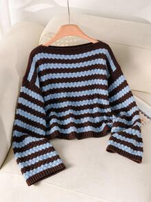 Story & Sage Sweater Kasual Longgar Lengan Panjang Bergaris Model Bahu Jatuh untuk Wanita - Khaki - View 2