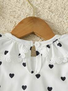 SHEIN Toddler Girl Ribbed Knit Top Sweet Elegant White Black Heart Lace Ruffle Long Sleeve Round Neck Regular Birthday Spring Holiday Princess Ballet Ribbed - Black and White - View 4