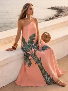 CAJUNI Chic Vacation Ornament Palm Tree One Shoulder Dress Maxi Dress - Coral Orange - View 1