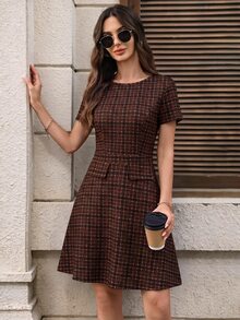 EMERY ROSE 女款夏季優雅學院風通勤格紋短洋裝 辦公室棕色格紋 - 咖啡棕 - 查看 7