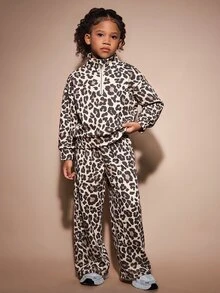 SHEIN 女童與幼兒 2 件式運動套裝，櫻桃熱感應面料，包含半拉鍊立領上衣與寬鬆長褲，幼兒園秋季綠 - 彩色 - 查看 4