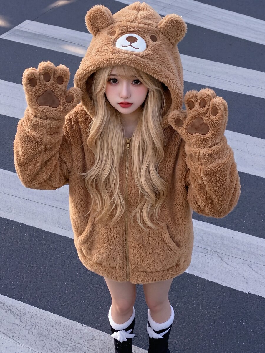 Tween Girl Cartoon Bear Embroidered Plush Hooded Jacket - Brown - View 1