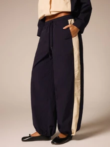 Athîral Women's Casual Deep Blue Low Waist Drawstring Waist Nylon Colorblock Wide Leg Sports Pants, With Pockets And Ankle Drawstring, Suitable For Autumn/Winter, Spring/Summer, Commuting, Outings, Gym, Hiking, Airport Casual - Navy Blue - View 4