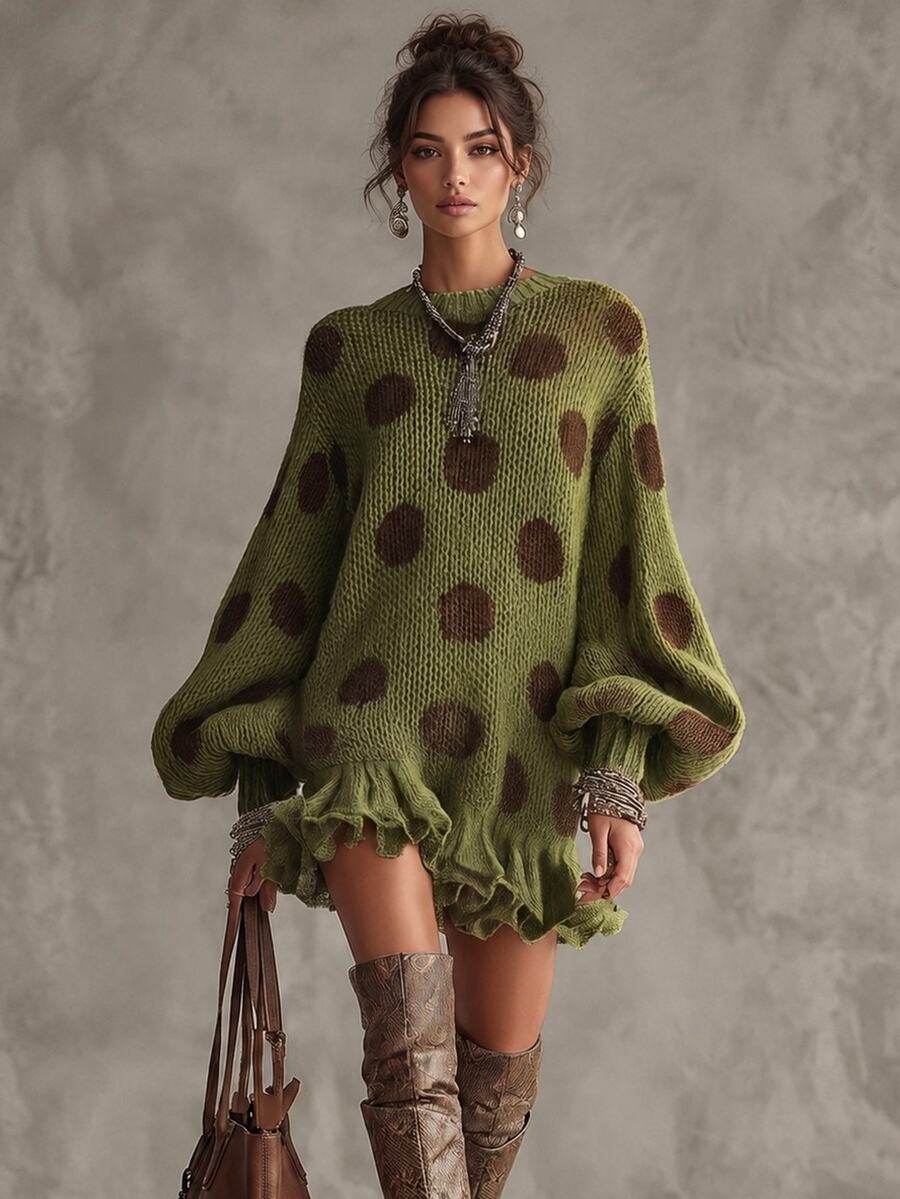 Glimmora Plus Size Women's Geometric Pattern Casual Everyday Knit Dress - Green - View 1