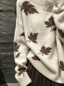 Bytebia Bytebia Maple Leaf Pattern Drop Shoulder Sweater - Apricot - View 4