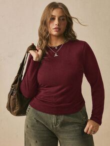 Freevana Plus Size Women's Black Long Sleeve Round Neck Thermal Base Layer Top, Ruched Waist T-Shirt Autumn Business Casual Winter - Burgundy - View 7