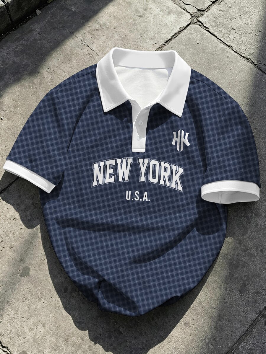 HypeHours 男士字母印花短袖休閒通勤 Polo 衫 - 彩色 - 查看 1