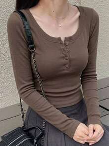 DAZY 女款純色鈕扣半開襟長袖T恤 - 咖啡棕 - 查看 4