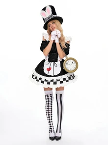 ROMWE Anime Váy mini nữ cosplay Alice Halloween hở vai, dây áo mảnh, phối màu caro - màu đen - Xem 2