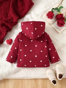 SHEIN 女嬰復古碎花連帽夾克，拉鍊開合，保暖內裡，休閒時尚冬季外套，適合秋季 - 酒紅色 - 查看 2
