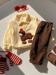 SHEIN 中性嬰兒男/女童、幼兒 2 件組秋冬抓絨內裡加厚可愛小狗貼布繡 2 合 1 運動衫套裝，嬰兒冬季套裝，聖誕節 - 黃色 - 查看 6