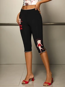 Betty Boop x SHEIN Women's Cartoon Print Casual 7/8 Length Leggings - Black - View 7