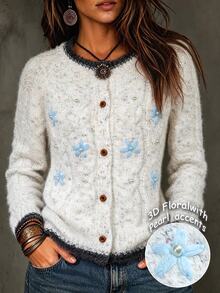 SHEIN Holidaya Women's Floral Embroidered Pattern Casual Daily Wear Cardigan - White - View 1
