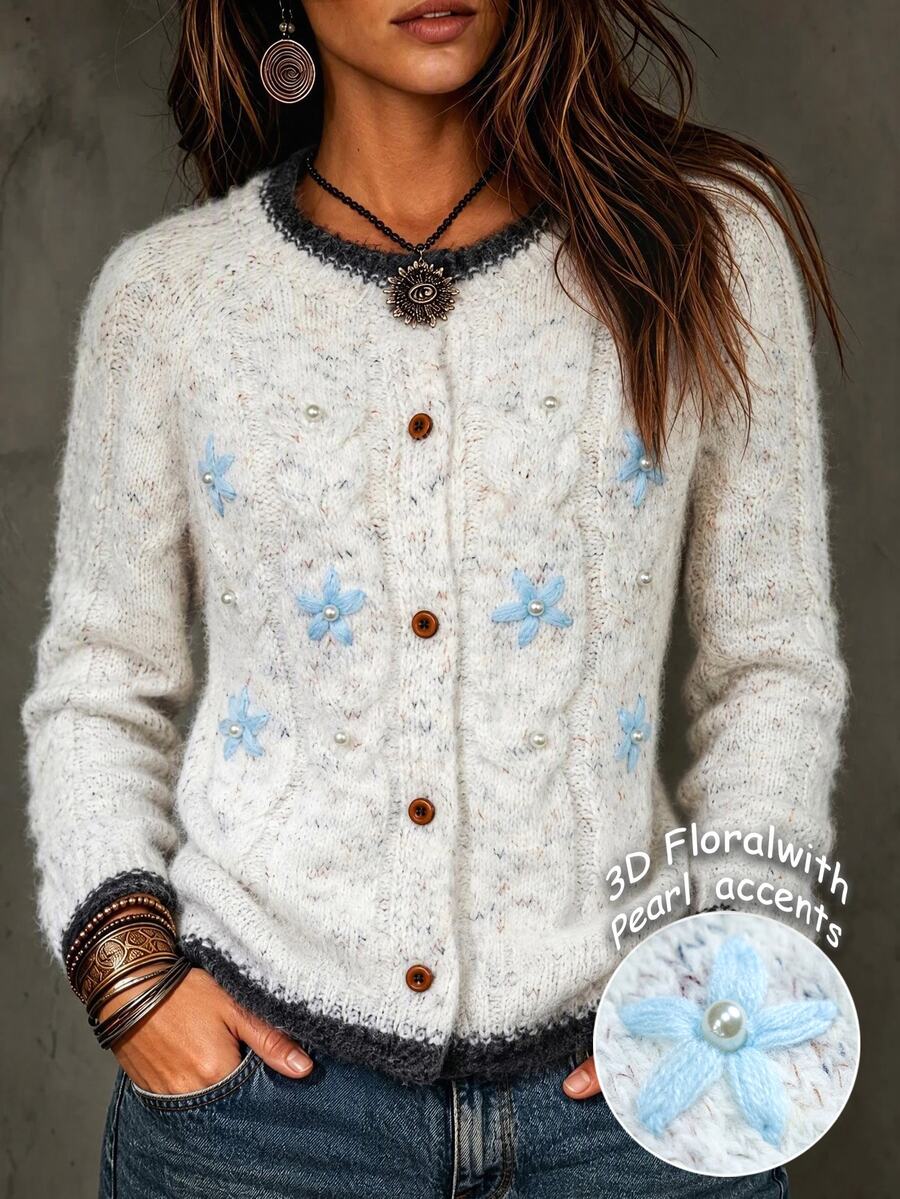 SHEIN Holidaya Women's Floral Embroidered Pattern Casual Daily Wear Cardigan - White - View 1