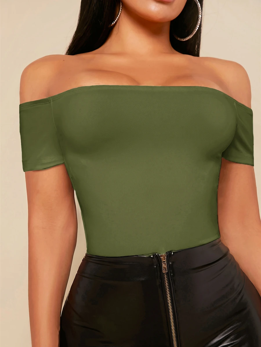 SHEIN SXY 女款露肩純色黑色連身衣套裝 - 軍綠色 - 查看 1
