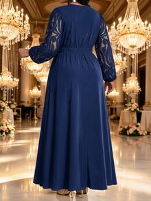 Fleurora Plus Size Women's Contrast Lace Lantern Sleeve V-Neck Elegant Dress - Navy Blue - View 2
