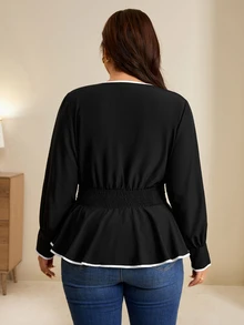 Edennvi Plus Contrast Binding Flounce Sleeve Peplum Blouse - Black - View 2