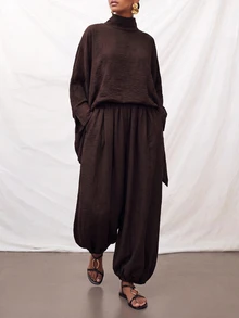 Zivah Women's Minimalist Textured High Neck Cape Top And Cuffed Lantern Pants 2 Pieces Set - Brown - View 8