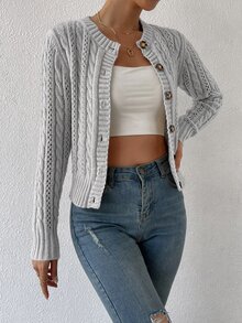 SHEIN EZwear 鏤空細節麻花針織開襟衫，秋冬長袖上衣 - 灰色 - 查看 4