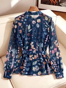 SHEIN Clasi 女款花卉印花長袖腰部打結優雅浪漫襯衫，白色花卉秋季早午餐穿搭 - 藏蓝色 - 查看 2