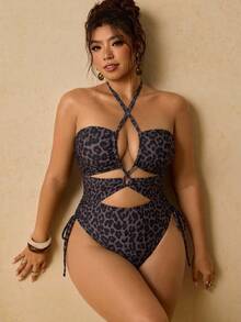 Travachic Plus Size Women's Sexy Leopard Print Criss-Cross Halter Hollow One-Piece Swimsuit, Side Drawstring High Cut Slim Fit Swimwear - Brown - View 4