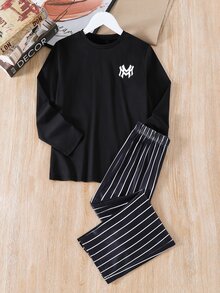 SHEIN 青少年男孩字母印花長袖上衣與長褲休閒日常居家睡衣套裝 - 黑色 - 查看 5
