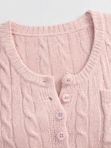 Rina Fox Scoop Neck Half Button Front Crop Cable Knit Sweater - Baby Pink - View 6