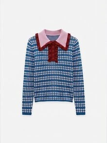 Nöista Women's Geometric Pattern Polo Collar Long Sleeve Casual Sweater - Blue - View 8