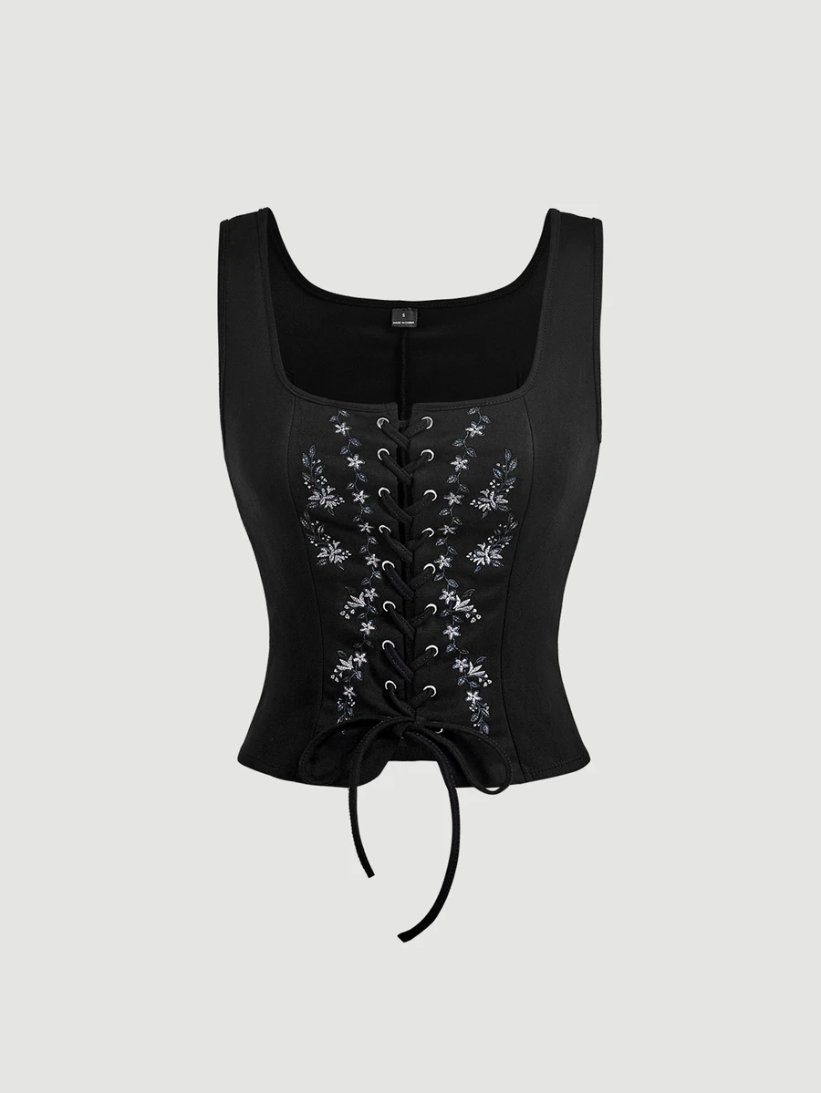 SHEIN MOD 刺繡花卉圖案前綁帶背心上衣 - 黑色 - 查看 1