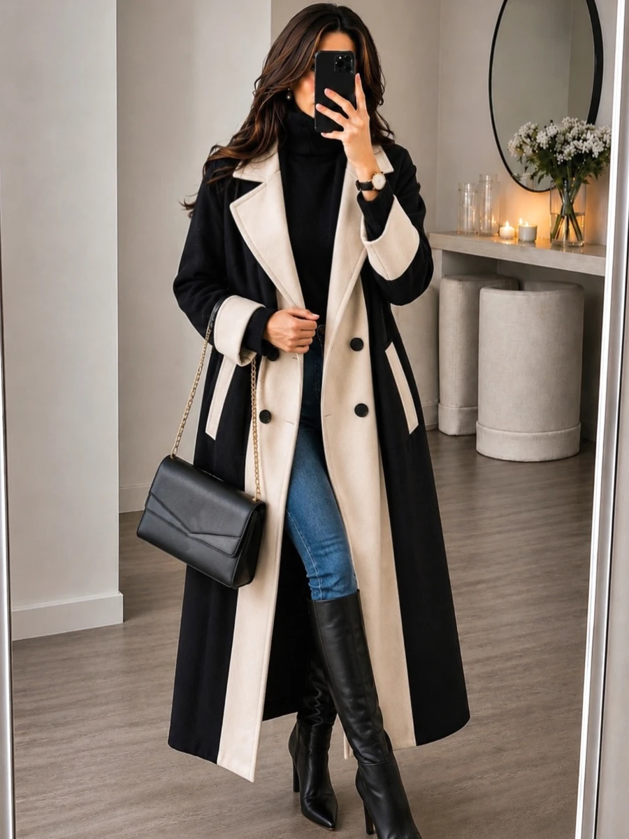 Yalmera Two Tone Double Breasted Overcoat - Black - View 1