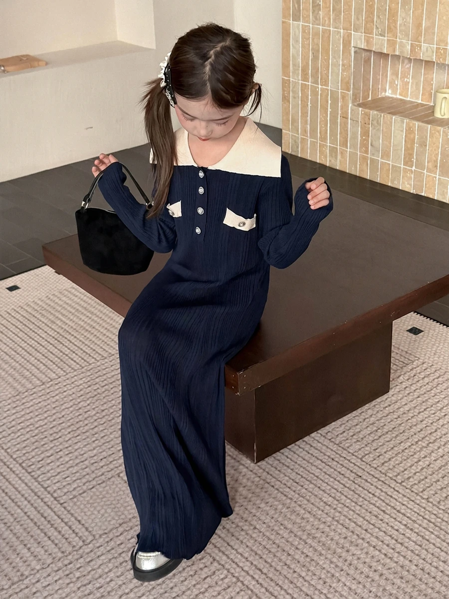 Dazy Kids Tween Girl Contrast Color Lapel Long Dress With Cinching Waist, Minimalist Inner Layer, Autumn/Winter Sweater Dress - Navy Blue - View 1