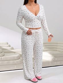 Solflare Plus Size Floral Print Long Sleeve Top And Drawstring Waist Pants 2 Pieces Set,Fall,Winter,Casual,Going Out - Multicolor - View 3