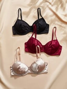 EverLounge Multi-Color Assorted Elegant Women's Lingerie Satin Silky Underwire Bra Sexy Bra 3 Pieces Set - Multicolor - View 1
