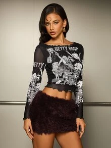 Betty Boop x SHEIN Women's Letter Cartoon Print Casual Daily Wear Top - Black - View 5