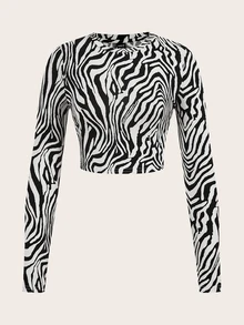 SHEIN Essnce 4件組女款豹紋、斑馬紋與純色圓領長袖休閒T恤 - 彩色 - 查看 9