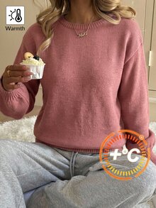 SHEIN 青少年女孩休閒燈籠袖短版純色長袖針織衫，灰色，秋冬款 - 玫紅色 - 查看 4