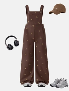 SHEIN 青少年女孩抓絨秋季服飾 秋冬/冬季 羅紋燈芯絨 可調式扣環鬆緊腰連身褲，適合秋冬穿著，日常穿搭 - 棕色 - 查看 7