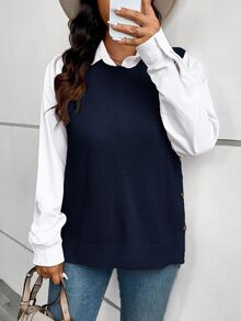 Comfylo 大尺碼寬鬆鈕扣下擺開衩套頭針織背心，商務休閒女款，假日穿搭，秋冬鄉村風上衣 - 寶藍色 - 查看 5