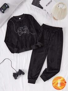 秋冬男童 2 件套居家服，長袖套頭上衣與長褲，黑色法蘭絨布料內加絨，加厚上衣搭配遊戲機刺繡設計，簡約時尚風格 - 黑色 - 查看 4