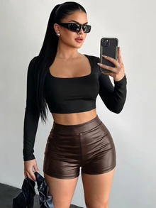 SHEIN SXY 高腰 PU 皮革直筒短褲 - 棕色 - 查看 2