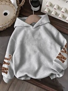 SHEIN 女款常規袖羅紋針織連帽套頭衫，豹紋字母圖案白色休閒運動衫 - 灰色 - 查看 2