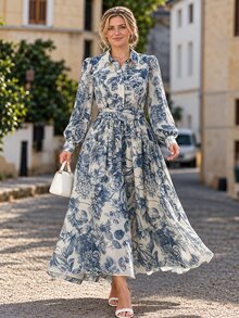 Velvienne Elegant Fashionable Comfortable Daily Streetwear Chiffon Random Print Back Tie Women's Plus Size Dress - Multicolor - View 4
